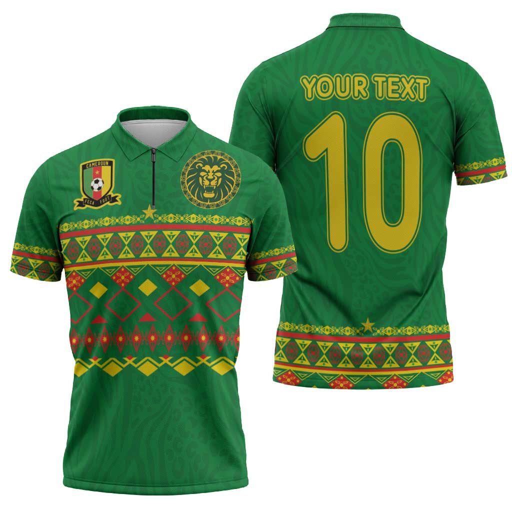 Custom Cameroon Football Zipper Polo Shirt Tribal Motifs Green Color - Wonder Print Shop