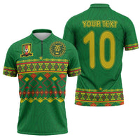 Custom Cameroon Football Zipper Polo Shirt Tribal Motifs Green Color - Wonder Print Shop