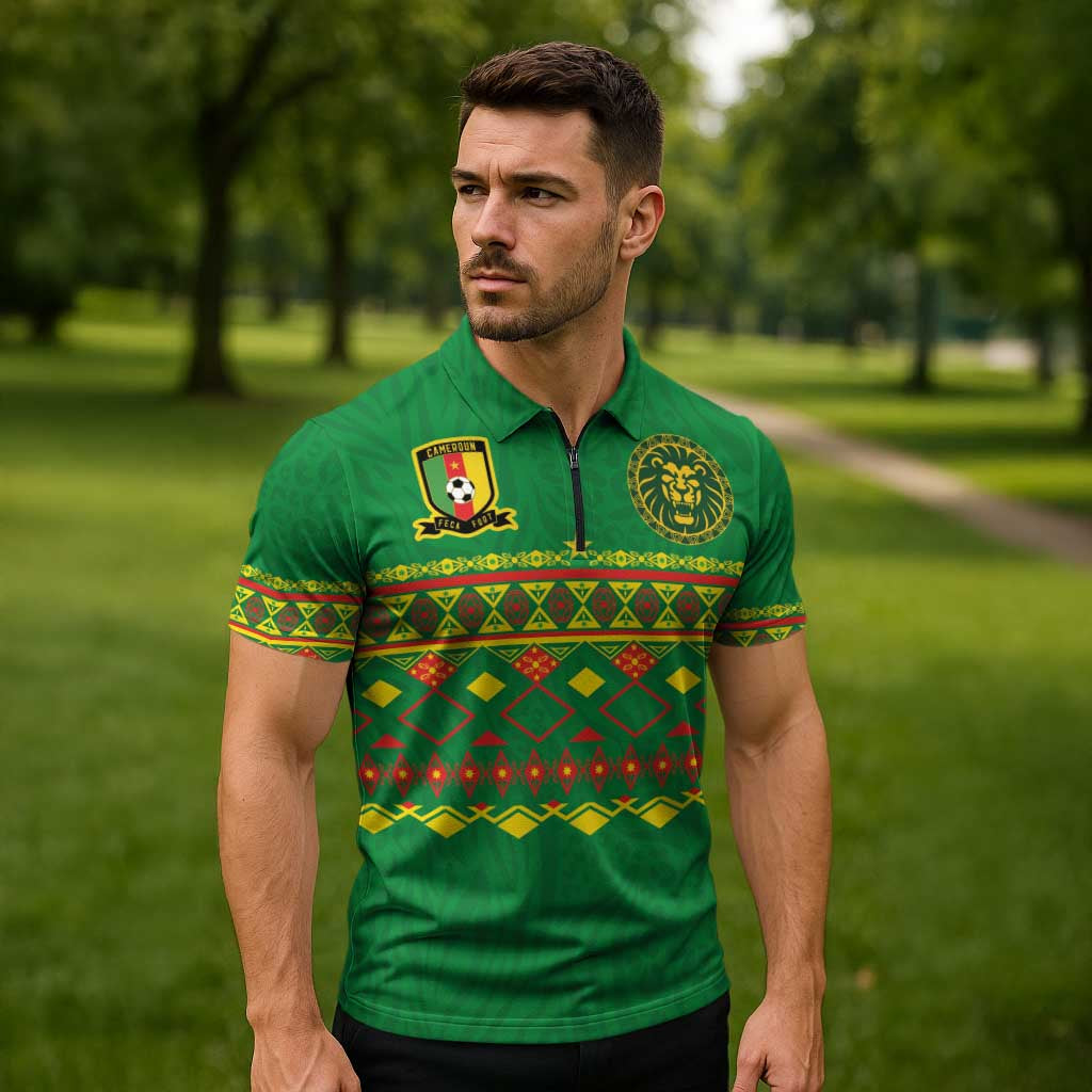 Custom Cameroon Football Zipper Polo Shirt Tribal Motifs Green Color - Wonder Print Shop