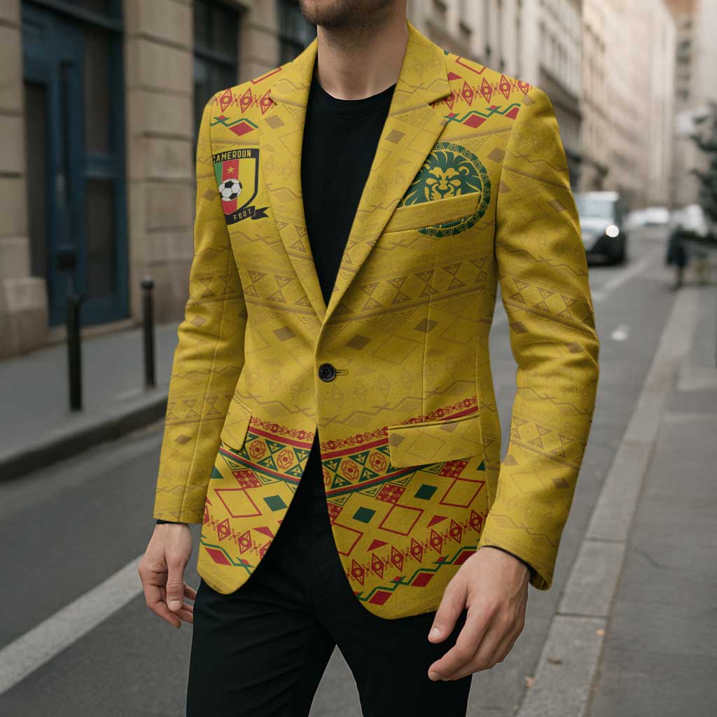 Custom Cameroon Football Blazer Tribal Motifs Yellow Color - Wonder Print Shop
