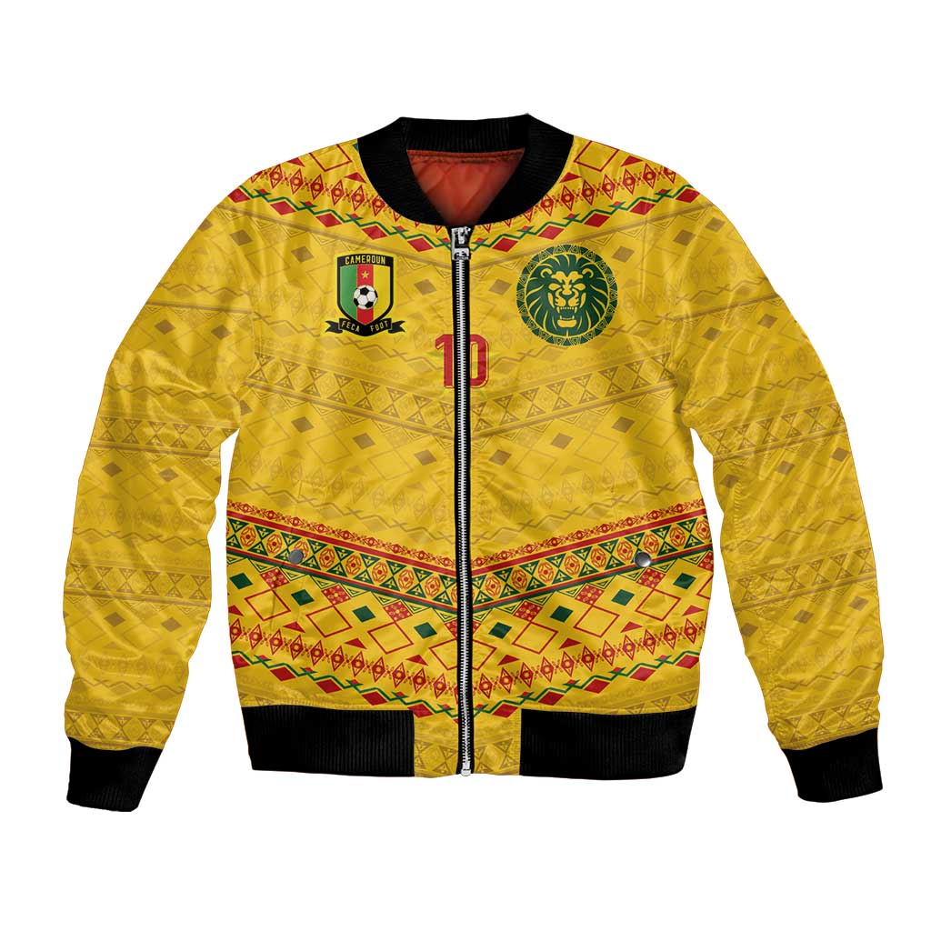 Custom Cameroon Football Bomber Jacket Tribal Motifs Yellow Color - Wonder Print Shop