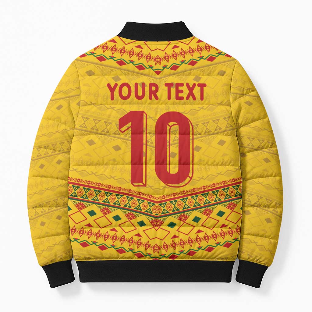 Custom Cameroon Football Bomber Puffer Jacket Tribal Motifs Yellow Color - Wonder Print Shop