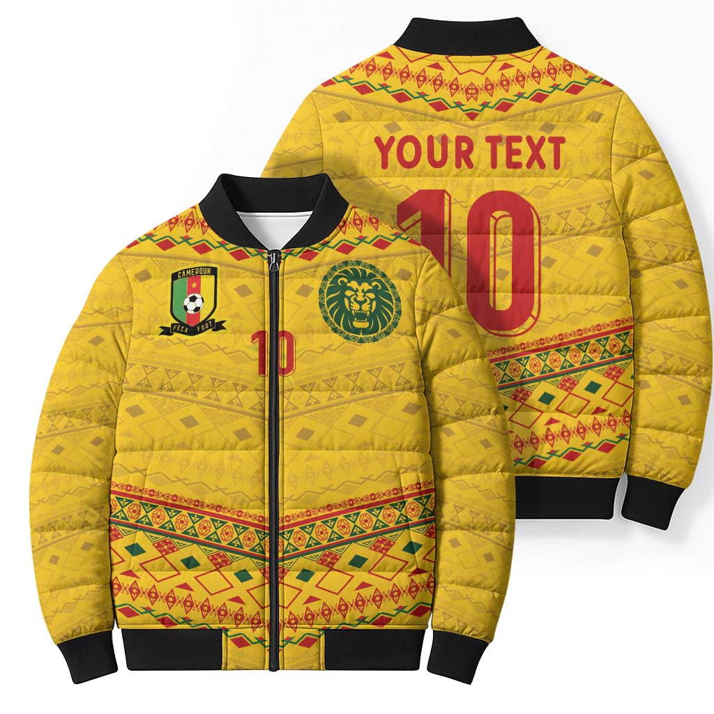 Custom Cameroon Football Bomber Puffer Jacket Tribal Motifs Yellow Color - Wonder Print Shop