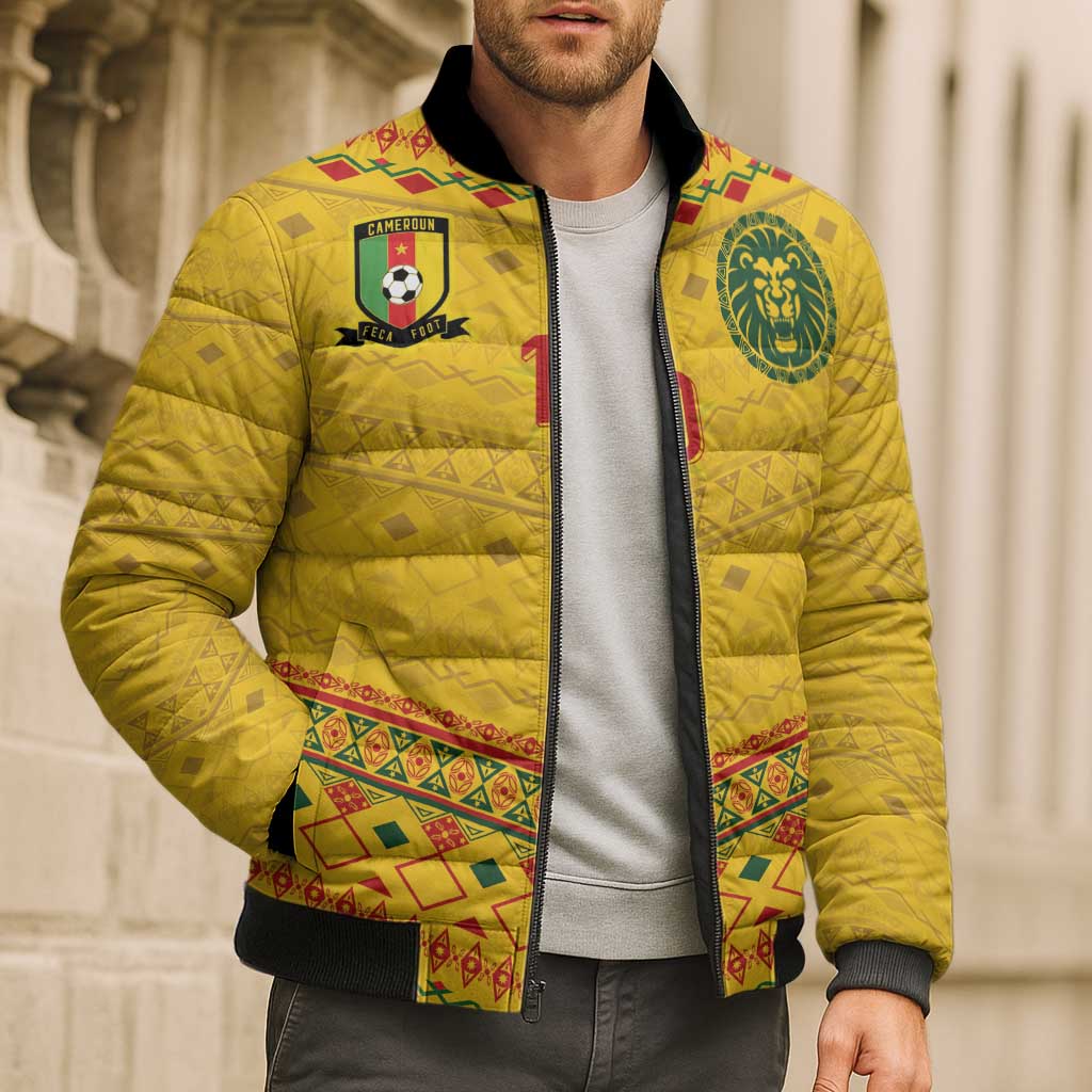 Custom Cameroon Football Bomber Puffer Jacket Tribal Motifs Yellow Color - Wonder Print Shop