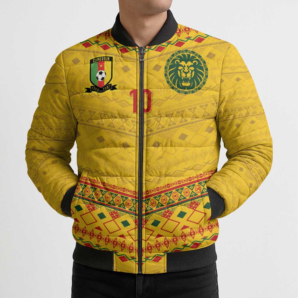 Custom Cameroon Football Bomber Puffer Jacket Tribal Motifs Yellow Color - Wonder Print Shop