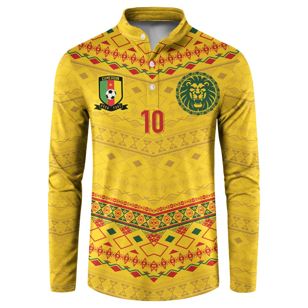 Custom Cameroon Football Button Sweatshirt Tribal Motifs Yellow Color - Wonder Print Shop