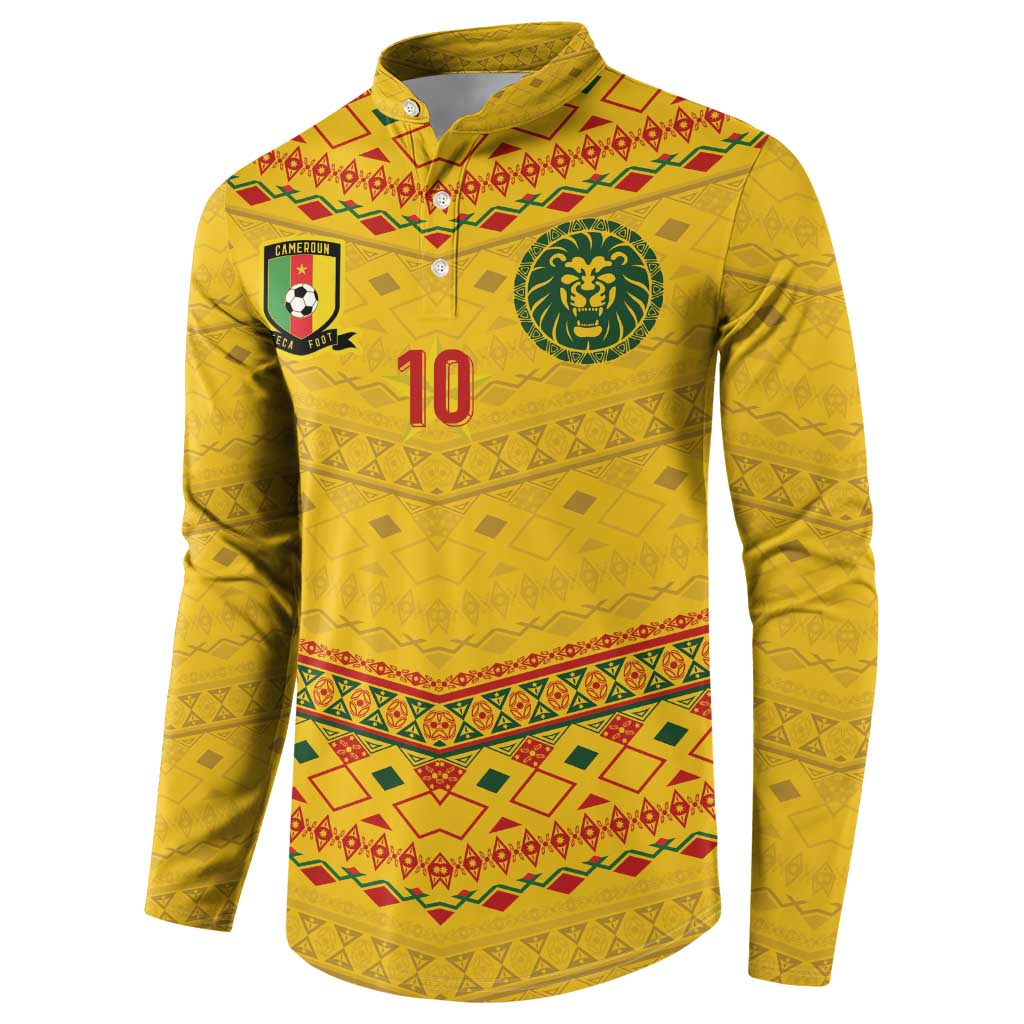 Custom Cameroon Football Button Sweatshirt Tribal Motifs Yellow Color - Wonder Print Shop