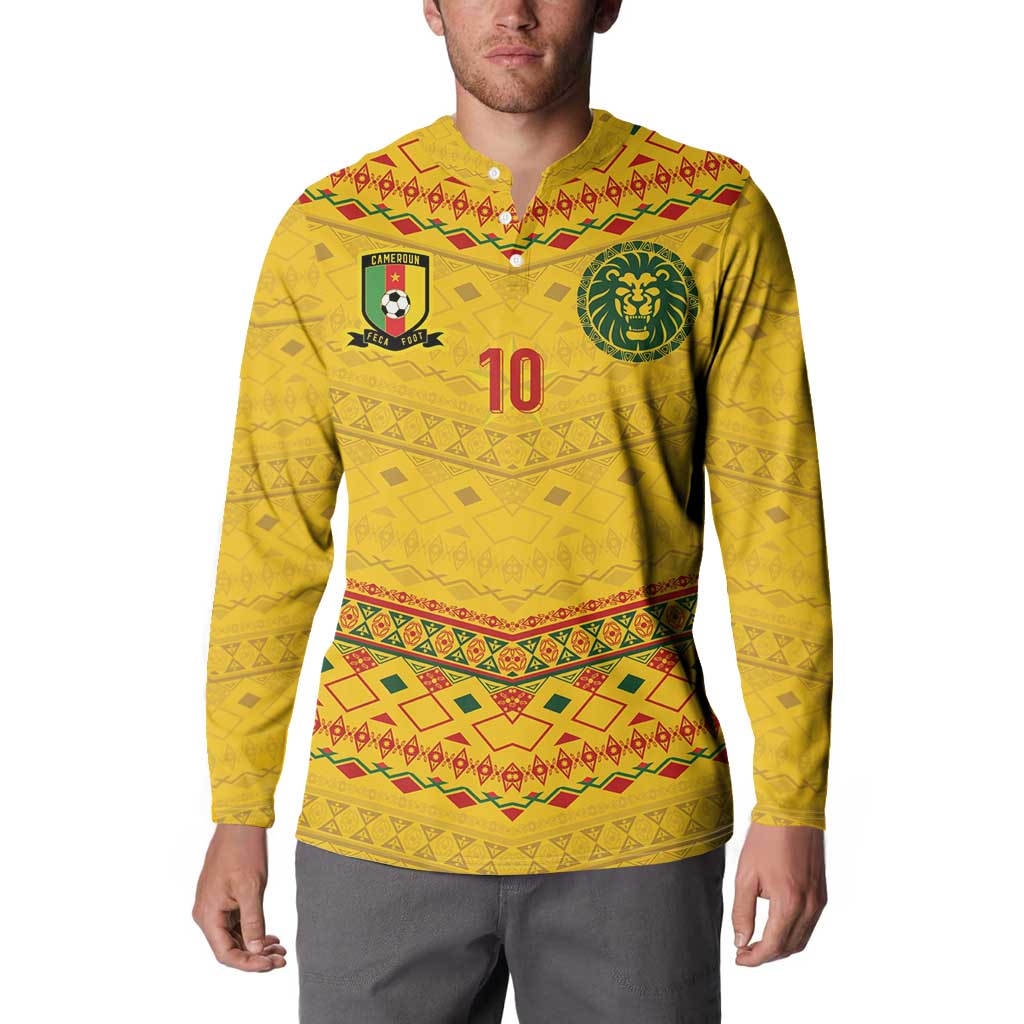 Custom Cameroon Football Button Sweatshirt Tribal Motifs Yellow Color - Wonder Print Shop
