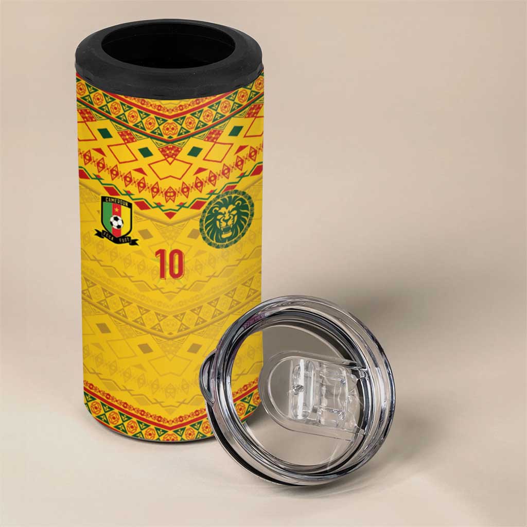 Custom Cameroon Football 4 in 1 Can Cooler Tumbler Tribal Motifs Yellow Color - Wonder Print Shop