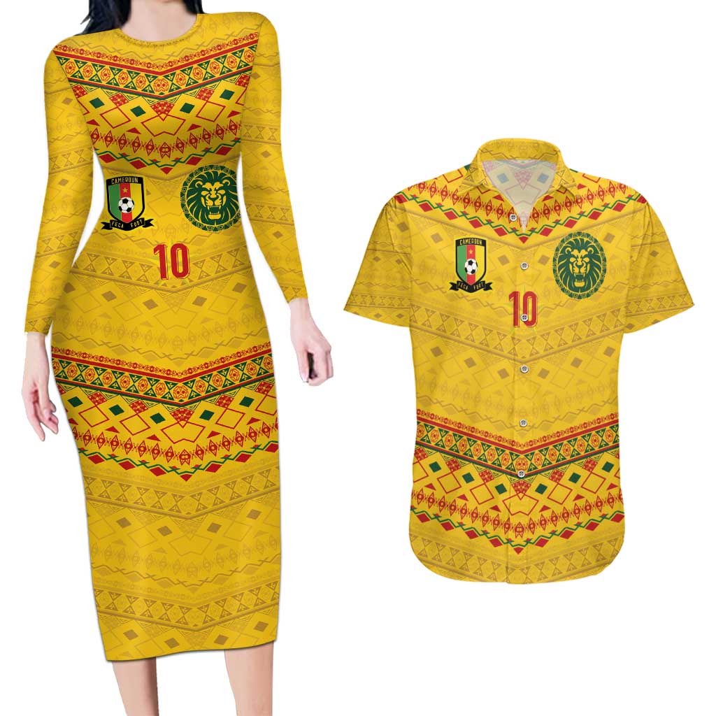 Custom Cameroon Football Couples Matching Long Sleeve Bodycon Dress and Hawaiian Shirt Tribal Motifs Yellow Color - Wonder Print Shop