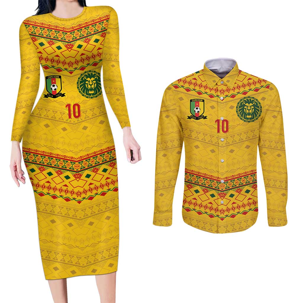 Custom Cameroon Football Couples Matching Long Sleeve Bodycon Dress and Long Sleeve Button Shirt Tribal Motifs Yellow Color - Wonder Print Shop