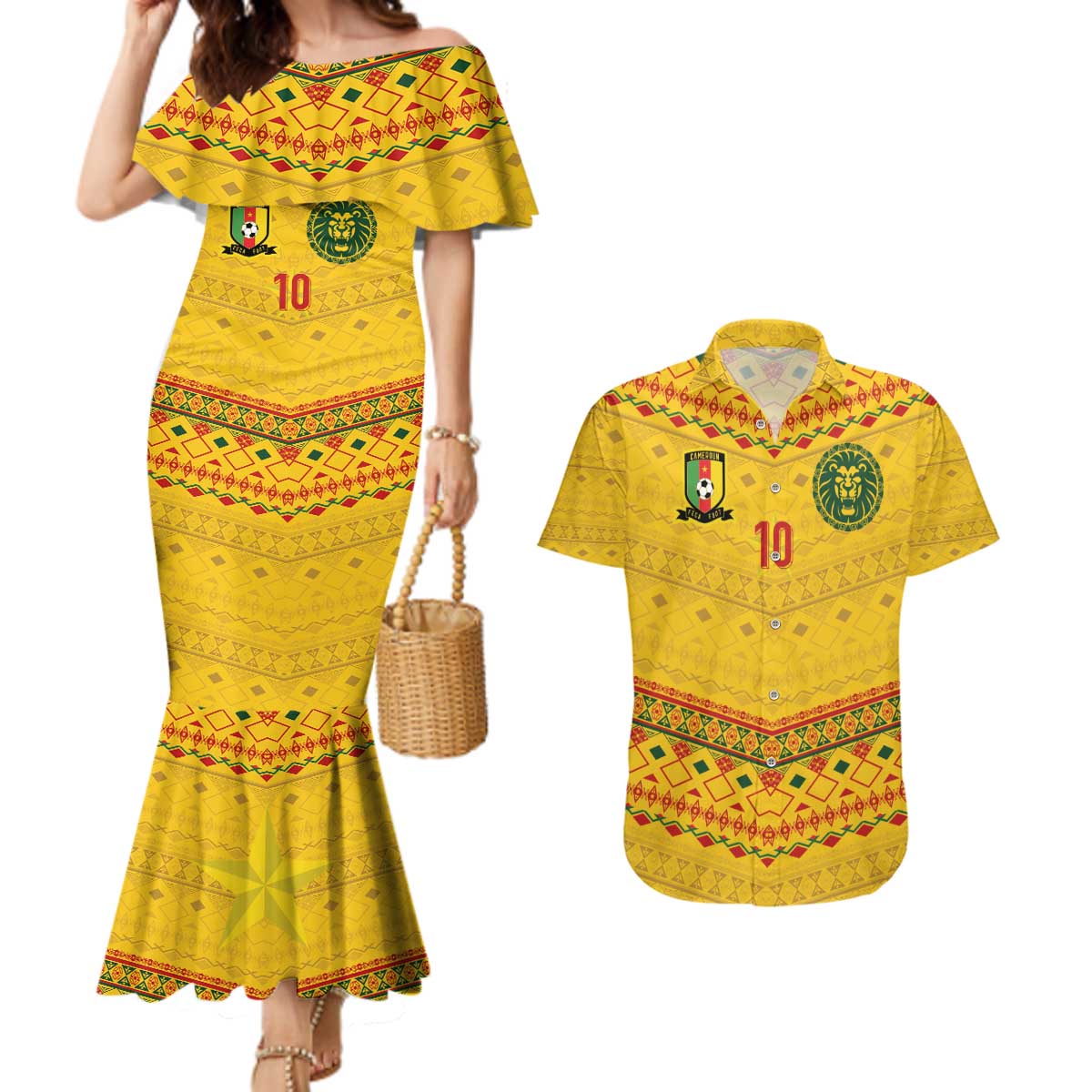 Custom Cameroon Football Couples Matching Mermaid Dress and Hawaiian Shirt Tribal Motifs Yellow Color - Wonder Print Shop