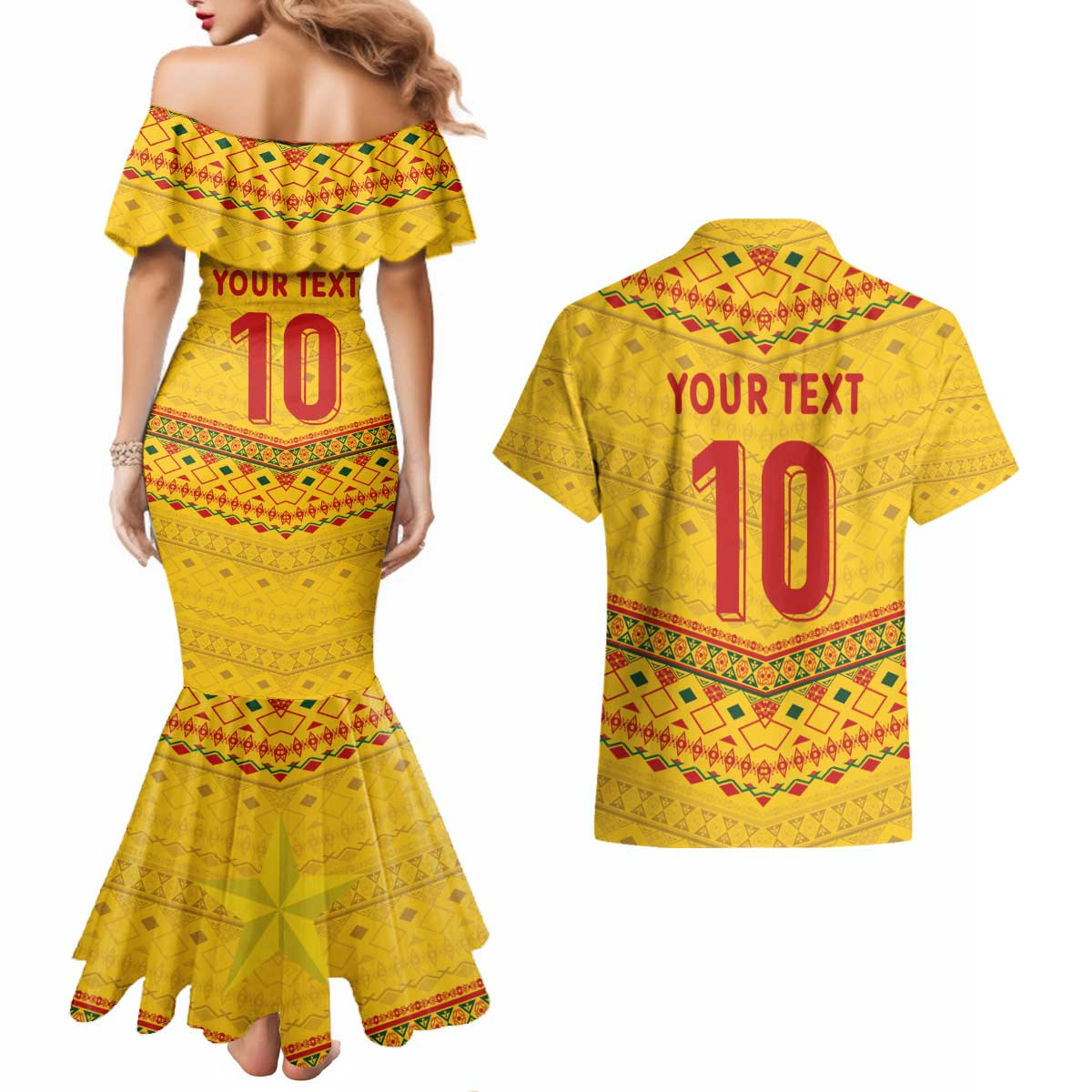 Custom Cameroon Football Couples Matching Mermaid Dress and Hawaiian Shirt Tribal Motifs Yellow Color - Wonder Print Shop