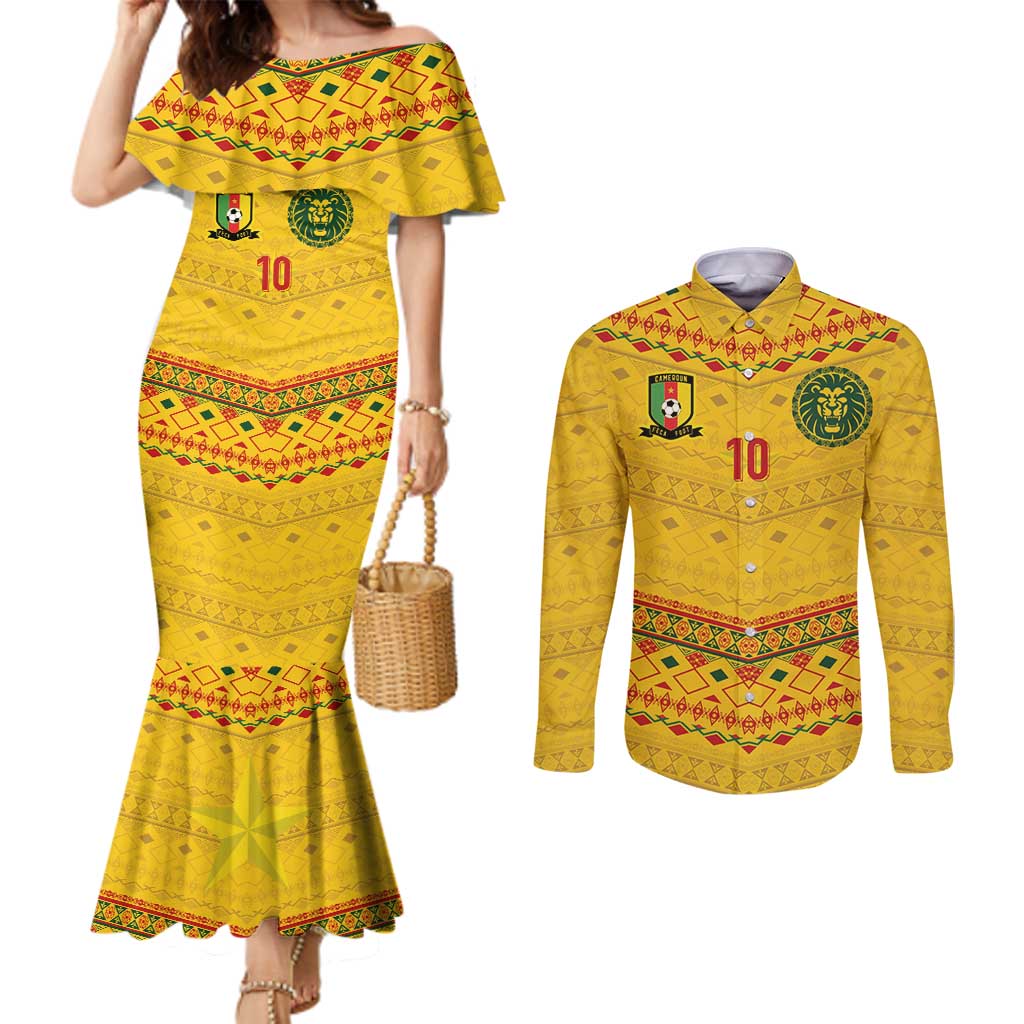Custom Cameroon Football Couples Matching Mermaid Dress and Long Sleeve Button Shirt Tribal Motifs Yellow Color - Wonder Print Shop