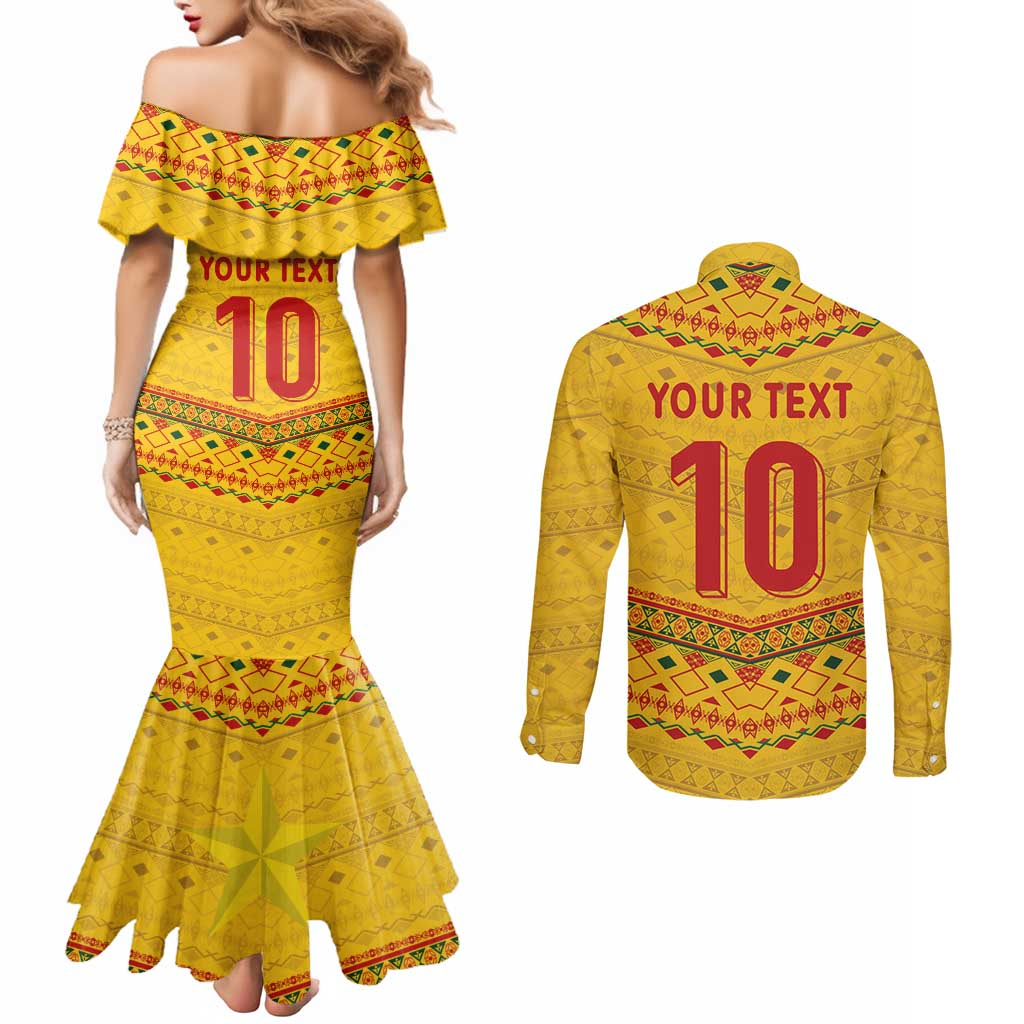 Custom Cameroon Football Couples Matching Mermaid Dress and Long Sleeve Button Shirt Tribal Motifs Yellow Color - Wonder Print Shop