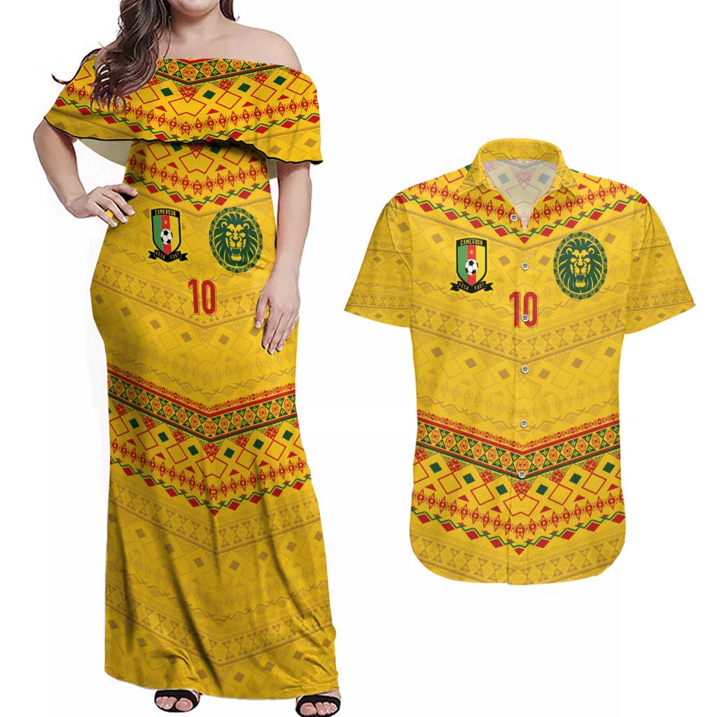 Custom Cameroon Football Couples Matching Off Shoulder Maxi Dress and Hawaiian Shirt Tribal Motifs Yellow Color - Wonder Print Shop