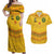 Custom Cameroon Football Couples Matching Off Shoulder Maxi Dress and Hawaiian Shirt Tribal Motifs Yellow Color - Wonder Print Shop