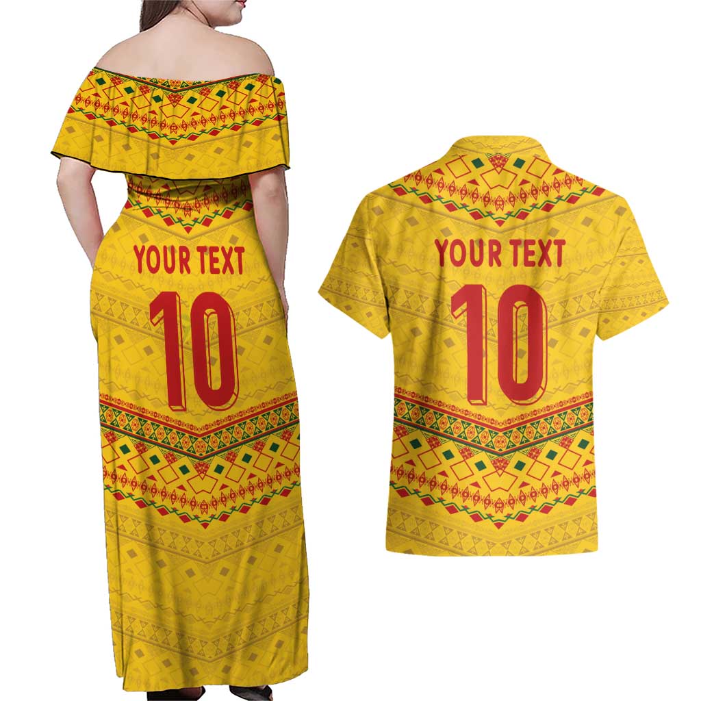 Custom Cameroon Football Couples Matching Off Shoulder Maxi Dress and Hawaiian Shirt Tribal Motifs Yellow Color - Wonder Print Shop