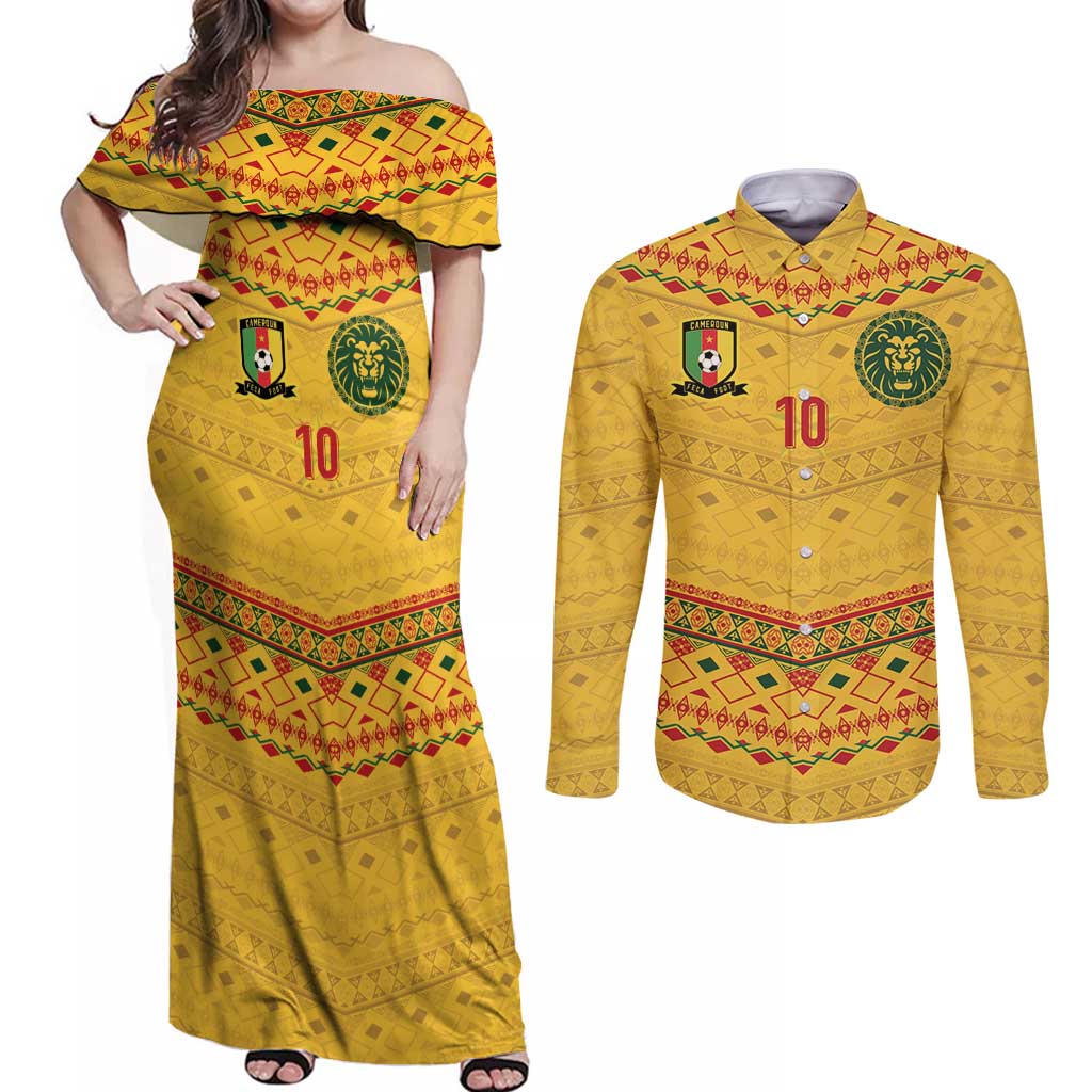 Custom Cameroon Football Couples Matching Off Shoulder Maxi Dress and Long Sleeve Button Shirt Tribal Motifs Yellow Color - Wonder Print Shop