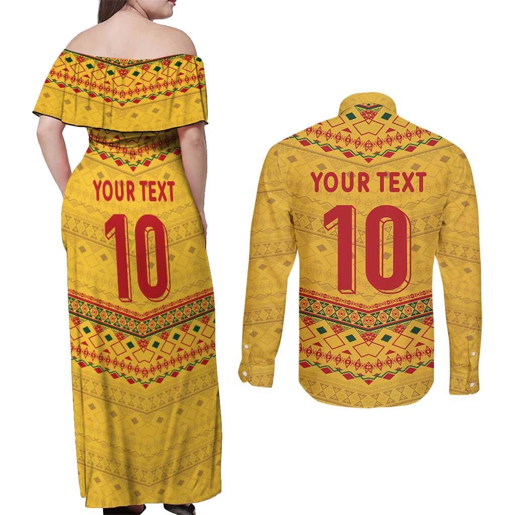 Custom Cameroon Football Couples Matching Off Shoulder Maxi Dress and Long Sleeve Button Shirt Tribal Motifs Yellow Color - Wonder Print Shop