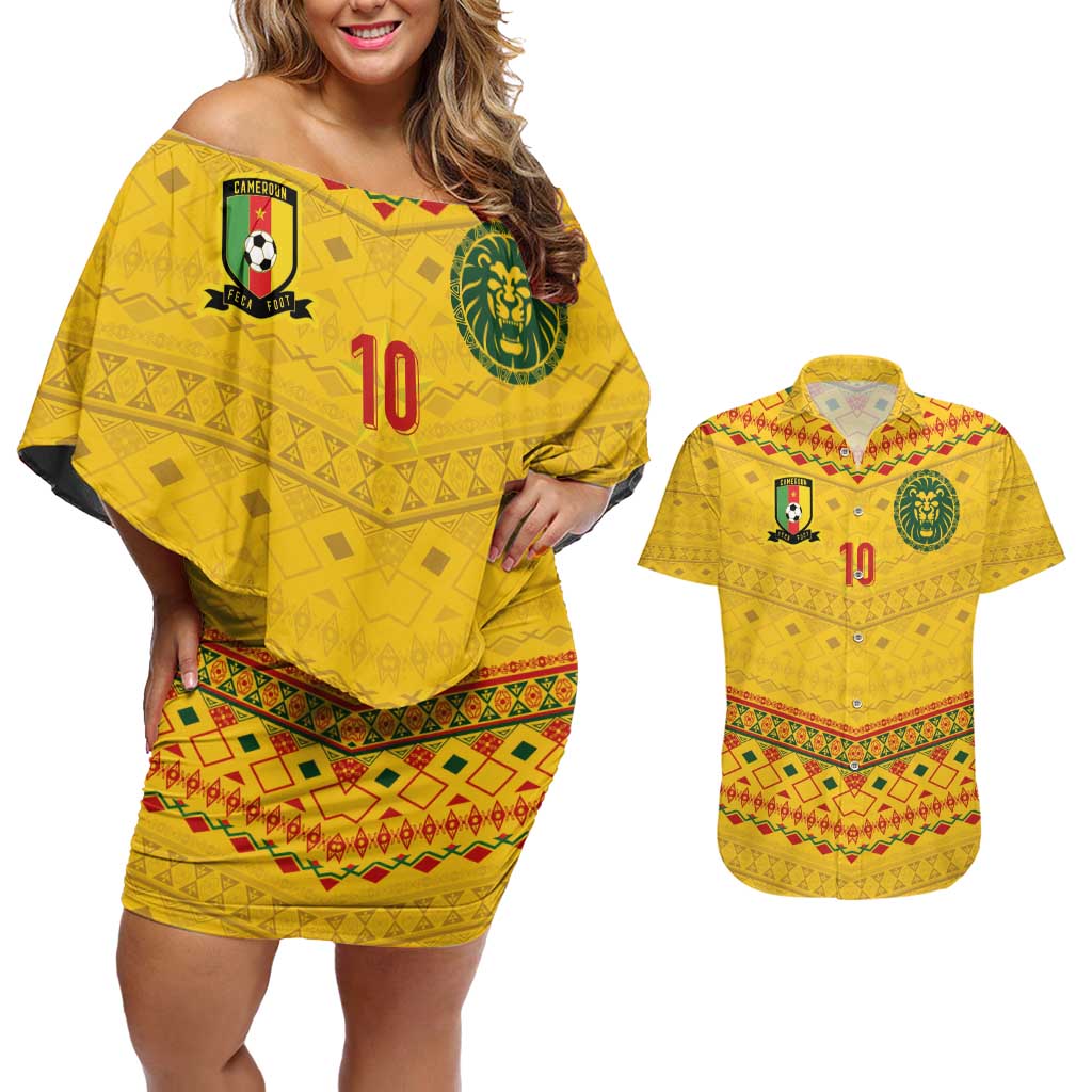 Custom Cameroon Football Couples Matching Off Shoulder Short Dress and Hawaiian Shirt Tribal Motifs Yellow Color - Wonder Print Shop