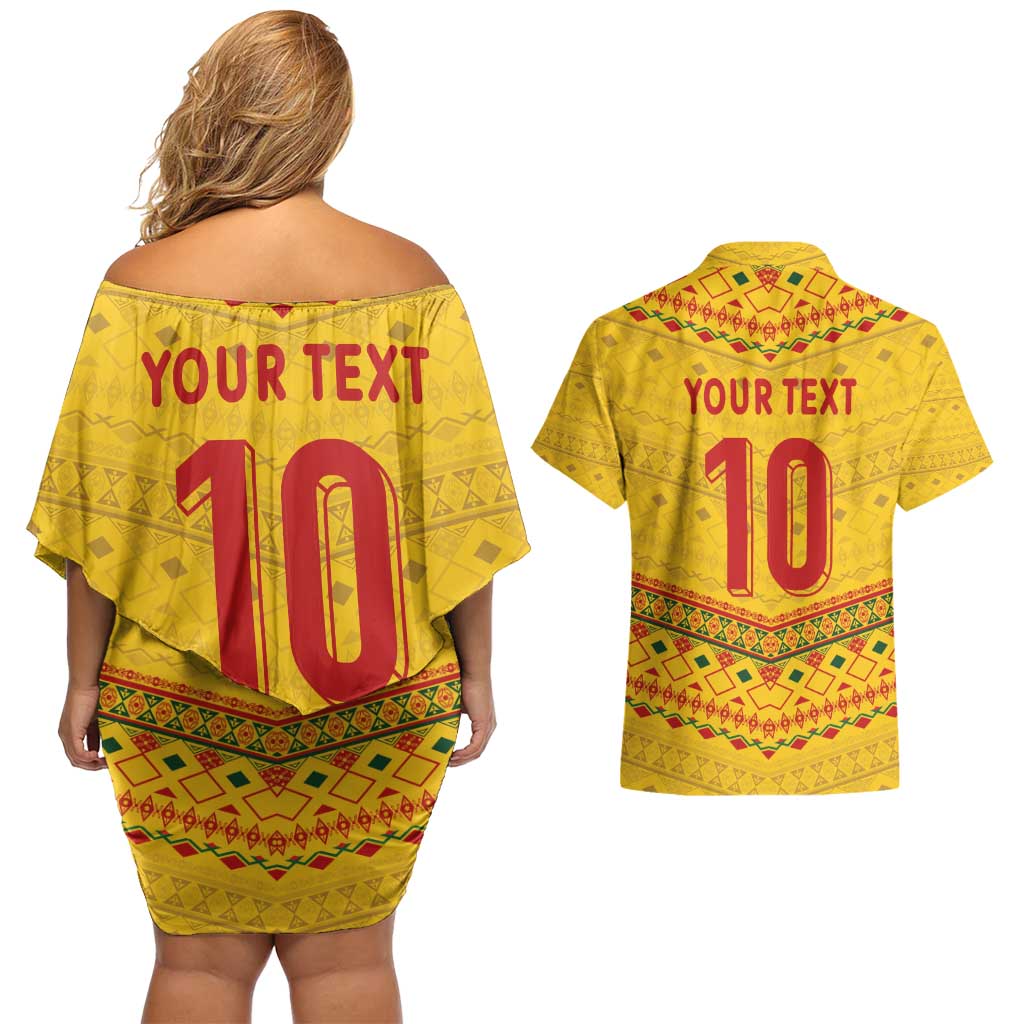 Custom Cameroon Football Couples Matching Off Shoulder Short Dress and Hawaiian Shirt Tribal Motifs Yellow Color - Wonder Print Shop