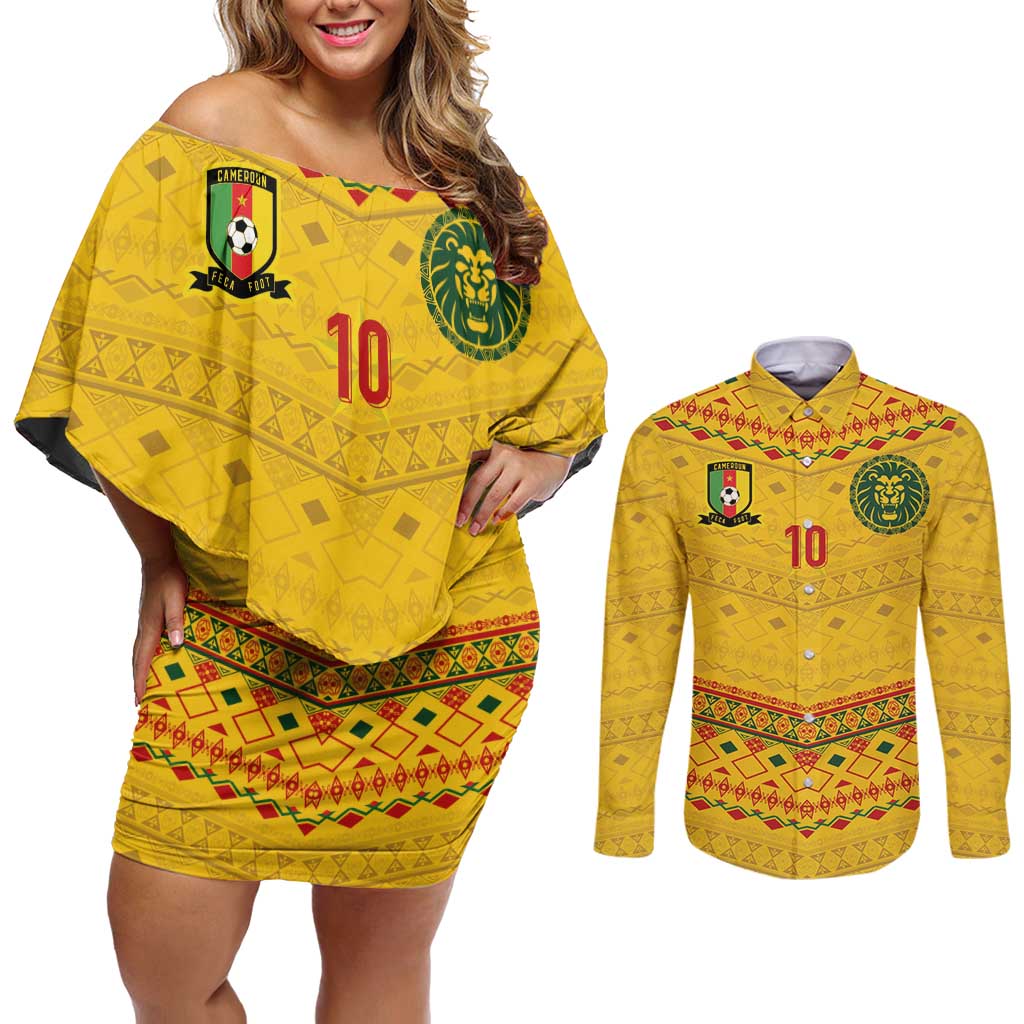 Custom Cameroon Football Couples Matching Off Shoulder Short Dress and Long Sleeve Button Shirt Tribal Motifs Yellow Color - Wonder Print Shop