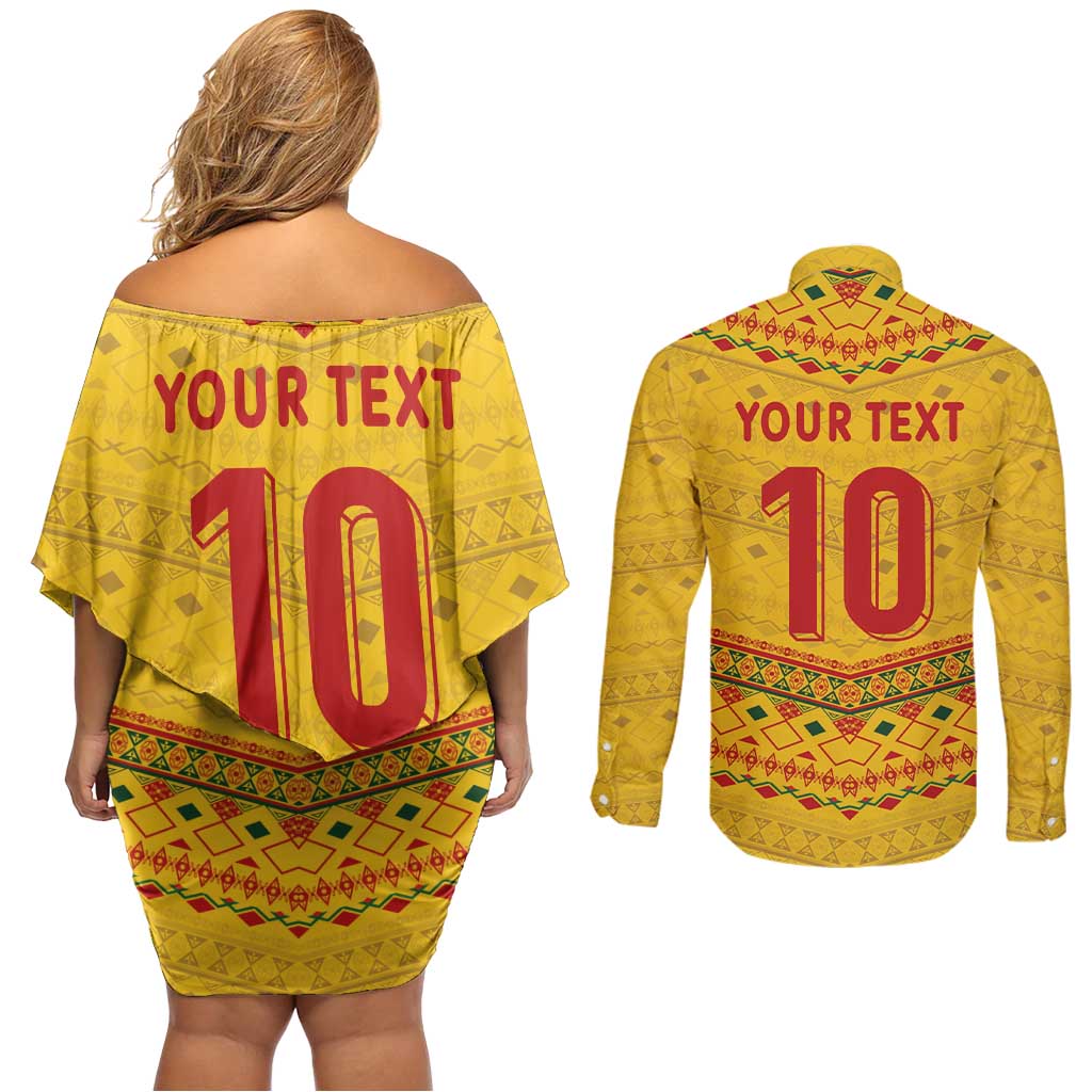 Custom Cameroon Football Couples Matching Off Shoulder Short Dress and Long Sleeve Button Shirt Tribal Motifs Yellow Color - Wonder Print Shop