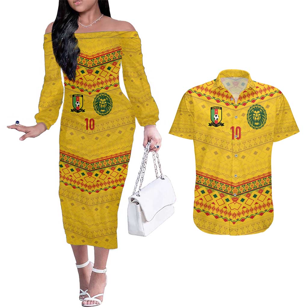 Custom Cameroon Football Couples Matching Off The Shoulder Long Sleeve Dress and Hawaiian Shirt Tribal Motifs Yellow Color - Wonder Print Shop