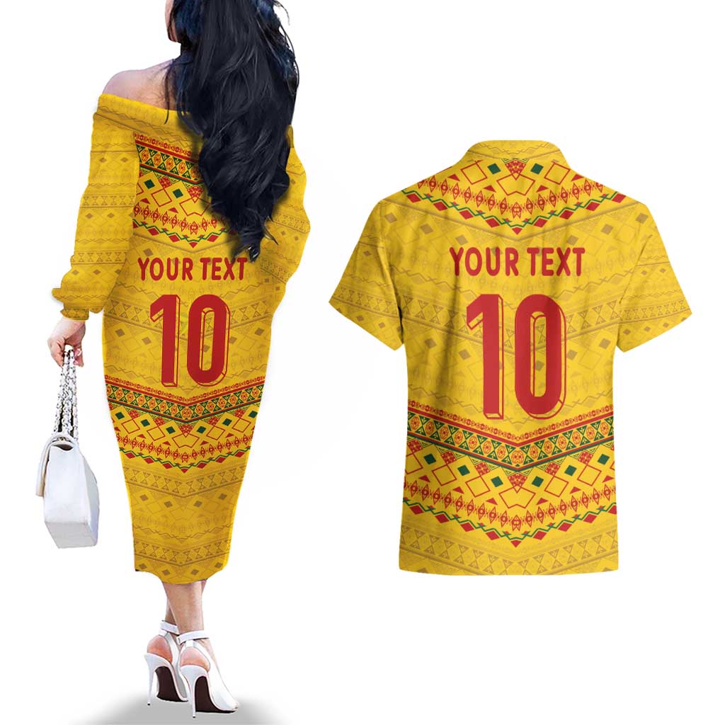 Custom Cameroon Football Couples Matching Off The Shoulder Long Sleeve Dress and Hawaiian Shirt Tribal Motifs Yellow Color - Wonder Print Shop