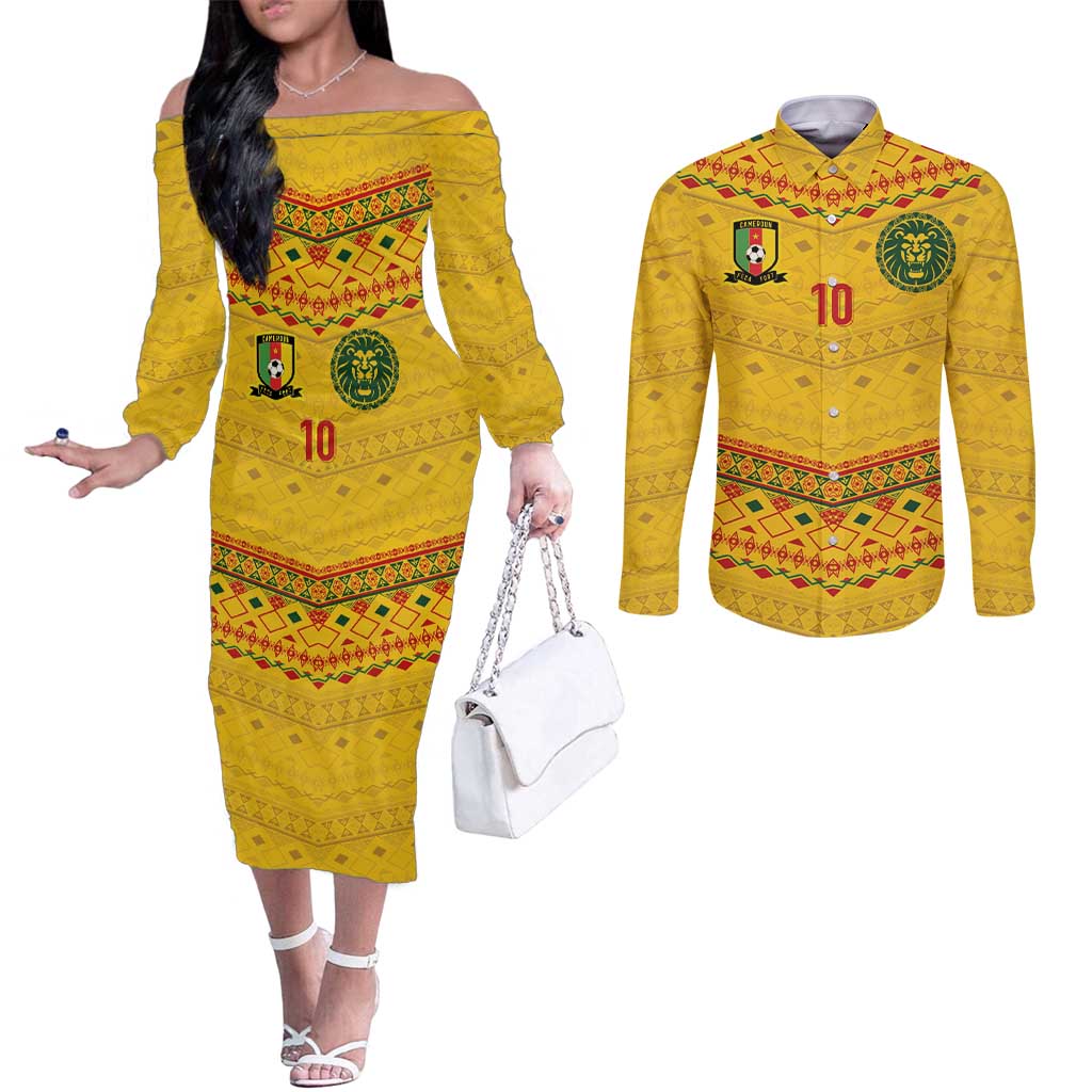 Custom Cameroon Football Couples Matching Off The Shoulder Long Sleeve Dress and Long Sleeve Button Shirt Tribal Motifs Yellow Color - Wonder Print Shop