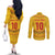 Custom Cameroon Football Couples Matching Off The Shoulder Long Sleeve Dress and Long Sleeve Button Shirt Tribal Motifs Yellow Color - Wonder Print Shop