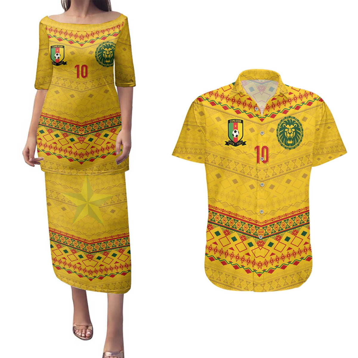 Custom Cameroon Football Couples Matching Puletasi and Hawaiian Shirt Tribal Motifs Yellow Color - Wonder Print Shop
