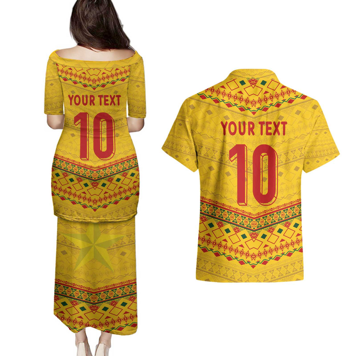 Custom Cameroon Football Couples Matching Puletasi and Hawaiian Shirt Tribal Motifs Yellow Color - Wonder Print Shop
