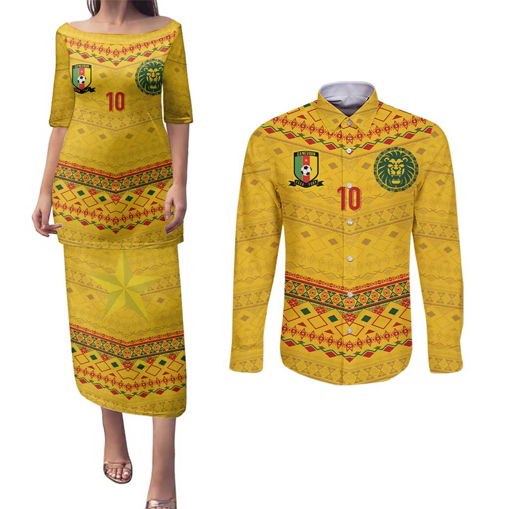 Custom Cameroon Football Couples Matching Puletasi and Long Sleeve Button Shirt Tribal Motifs Yellow Color - Wonder Print Shop