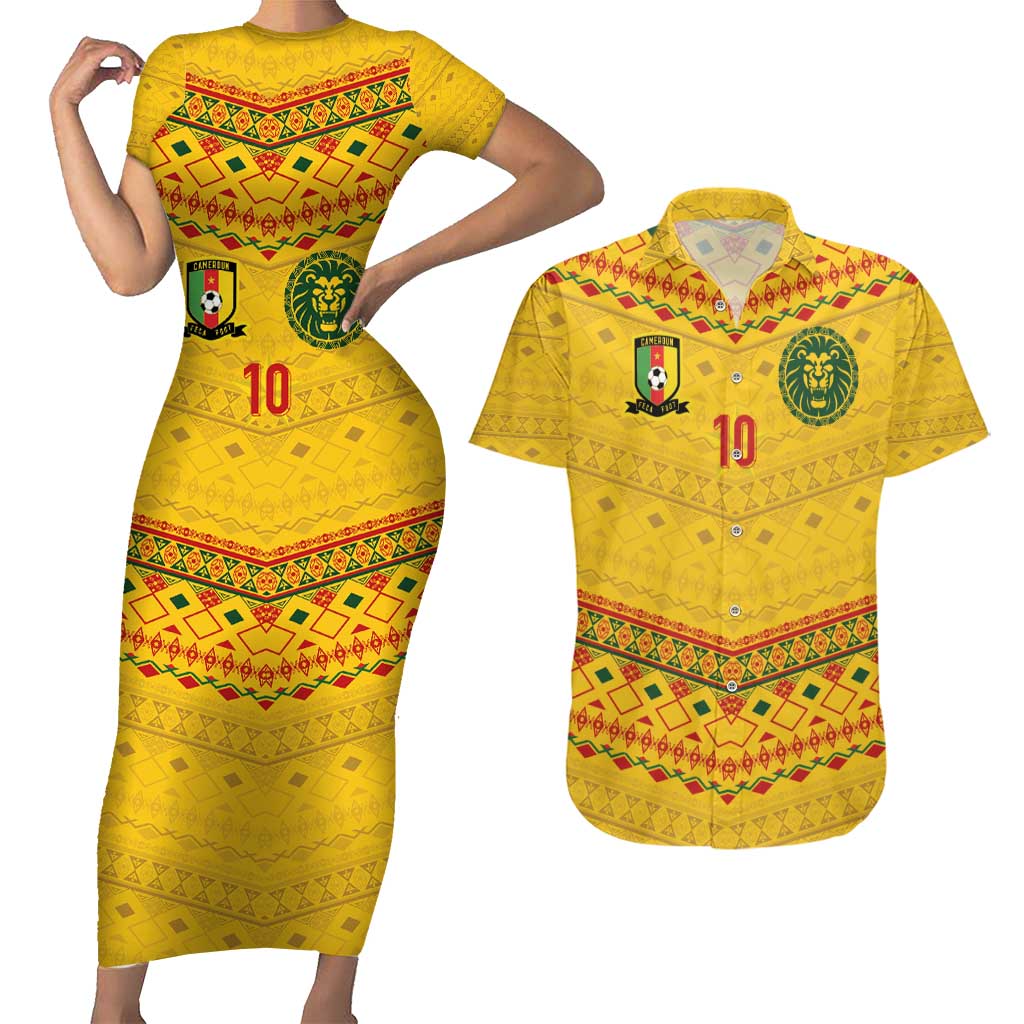 Custom Cameroon Football Couples Matching Short Sleeve Bodycon Dress and Hawaiian Shirt Tribal Motifs Yellow Color - Wonder Print Shop