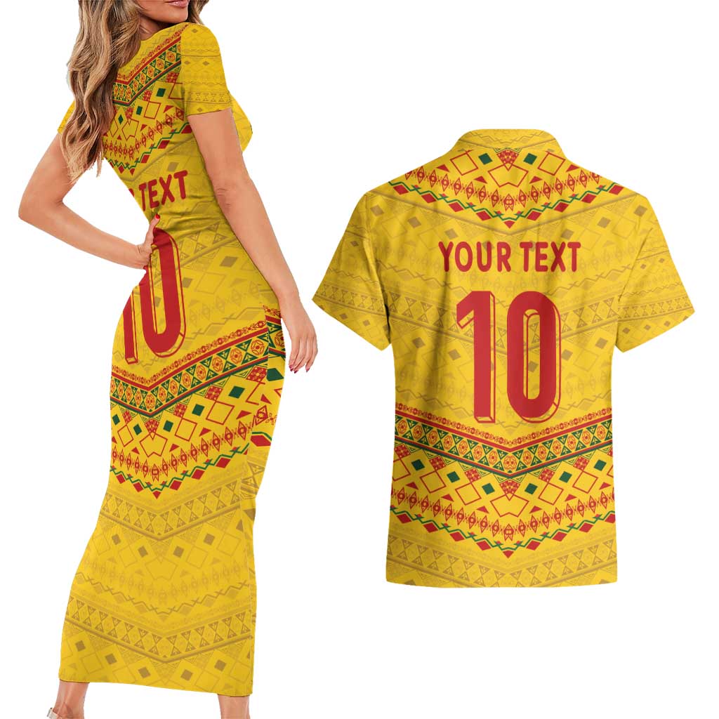 Custom Cameroon Football Couples Matching Short Sleeve Bodycon Dress and Hawaiian Shirt Tribal Motifs Yellow Color - Wonder Print Shop