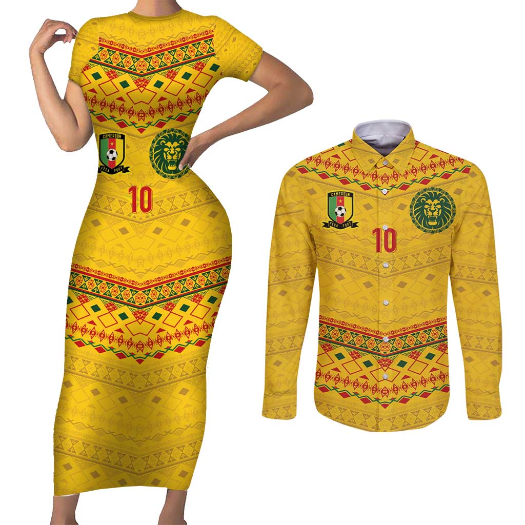 Custom Cameroon Football Couples Matching Short Sleeve Bodycon Dress and Long Sleeve Button Shirt Tribal Motifs Yellow Color - Wonder Print Shop