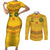 Custom Cameroon Football Couples Matching Short Sleeve Bodycon Dress and Long Sleeve Button Shirt Tribal Motifs Yellow Color - Wonder Print Shop