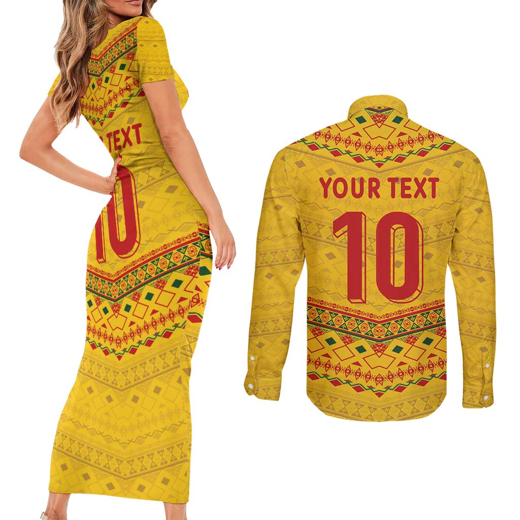 Custom Cameroon Football Couples Matching Short Sleeve Bodycon Dress and Long Sleeve Button Shirt Tribal Motifs Yellow Color - Wonder Print Shop