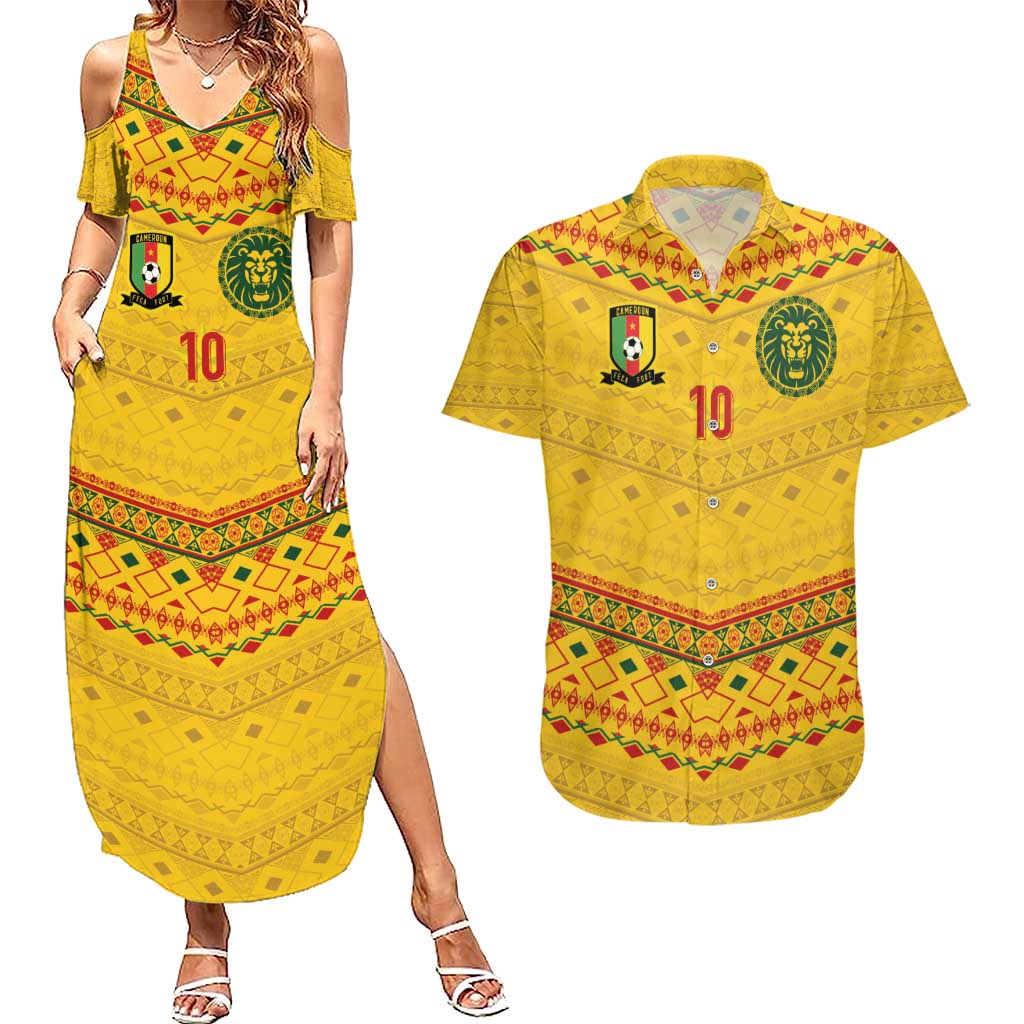 Custom Cameroon Football Couples Matching Summer Maxi Dress and Hawaiian Shirt Tribal Motifs Yellow Color - Wonder Print Shop