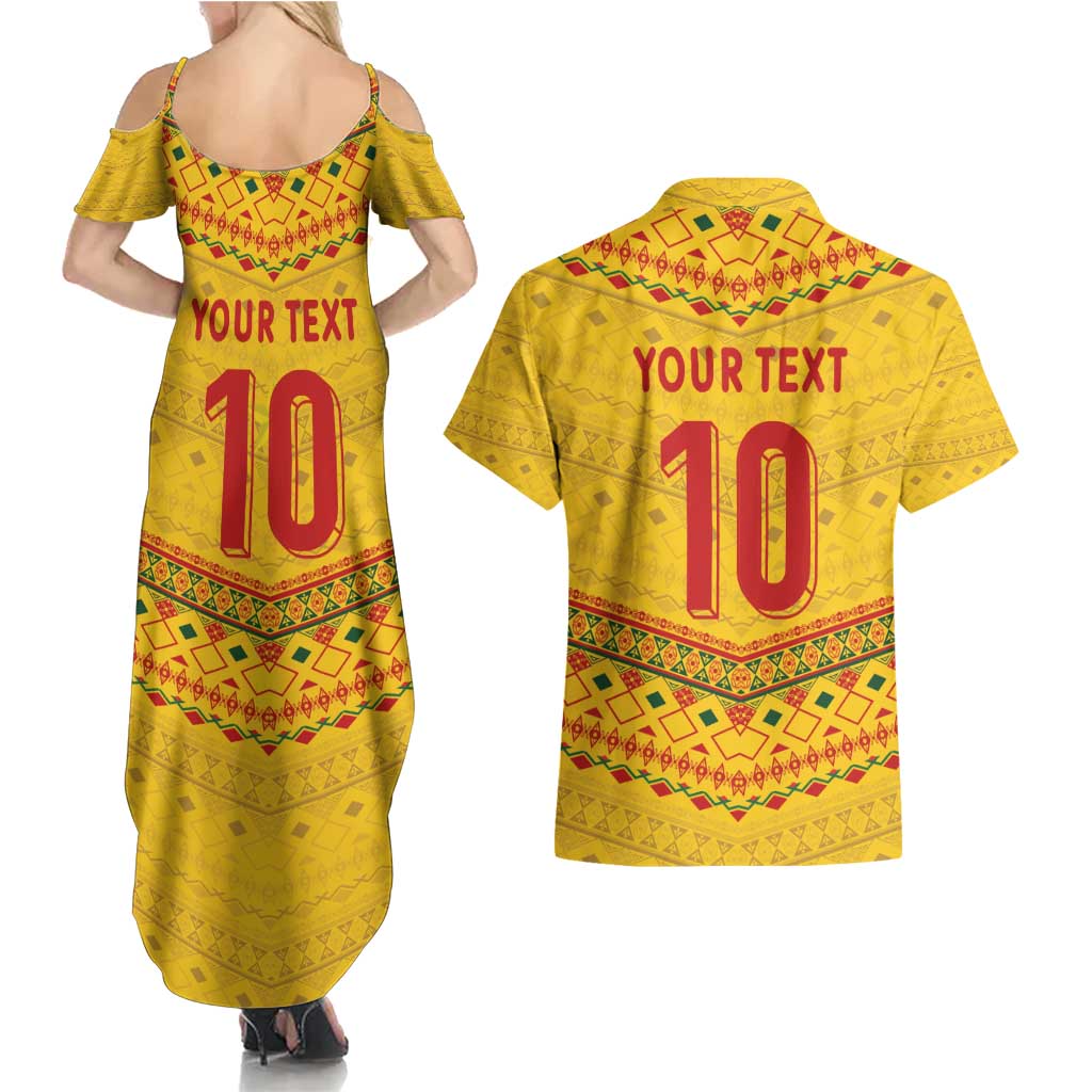 Custom Cameroon Football Couples Matching Summer Maxi Dress and Hawaiian Shirt Tribal Motifs Yellow Color - Wonder Print Shop