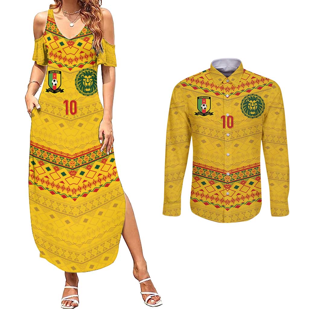 Custom Cameroon Football Couples Matching Summer Maxi Dress and Long Sleeve Button Shirt Tribal Motifs Yellow Color - Wonder Print Shop