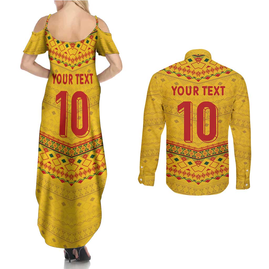 Custom Cameroon Football Couples Matching Summer Maxi Dress and Long Sleeve Button Shirt Tribal Motifs Yellow Color - Wonder Print Shop