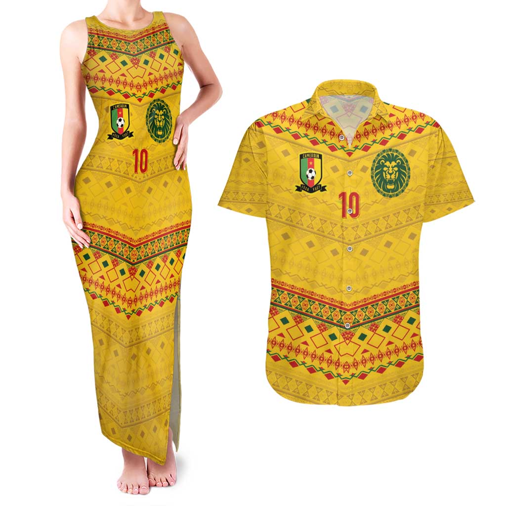 Custom Cameroon Football Couples Matching Tank Maxi Dress and Hawaiian Shirt Tribal Motifs Yellow Color - Wonder Print Shop