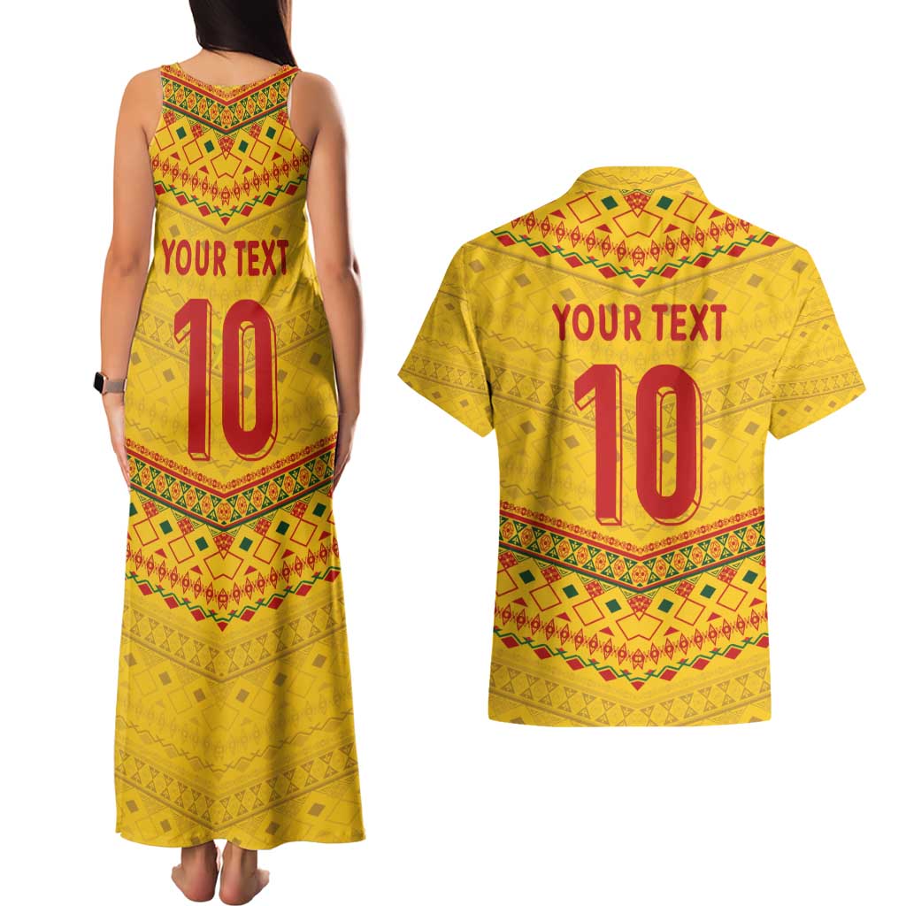 Custom Cameroon Football Couples Matching Tank Maxi Dress and Hawaiian Shirt Tribal Motifs Yellow Color - Wonder Print Shop