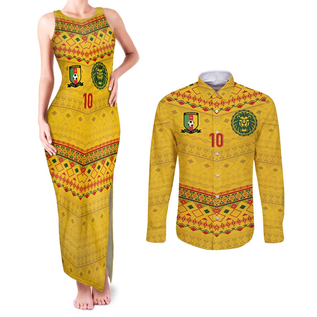 Custom Cameroon Football Couples Matching Tank Maxi Dress and Long Sleeve Button Shirt Tribal Motifs Yellow Color - Wonder Print Shop