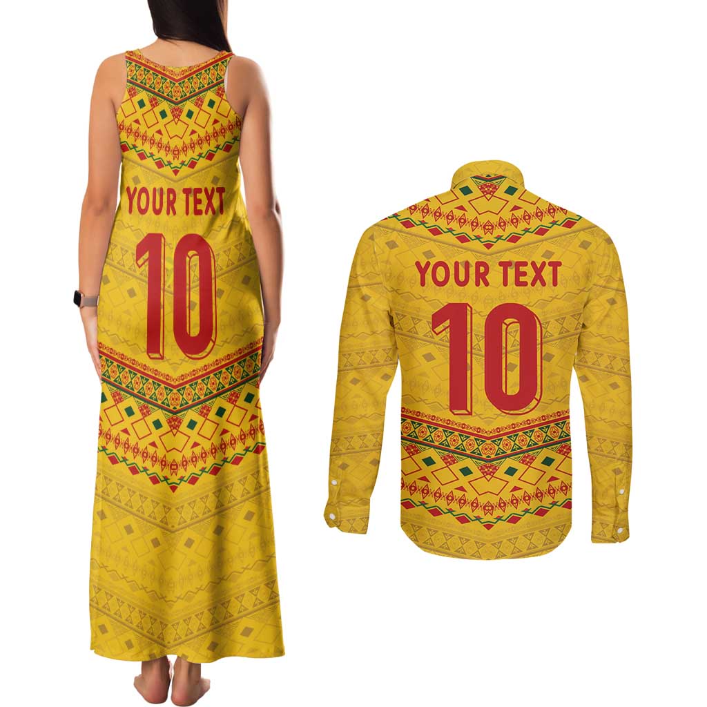 Custom Cameroon Football Couples Matching Tank Maxi Dress and Long Sleeve Button Shirt Tribal Motifs Yellow Color - Wonder Print Shop