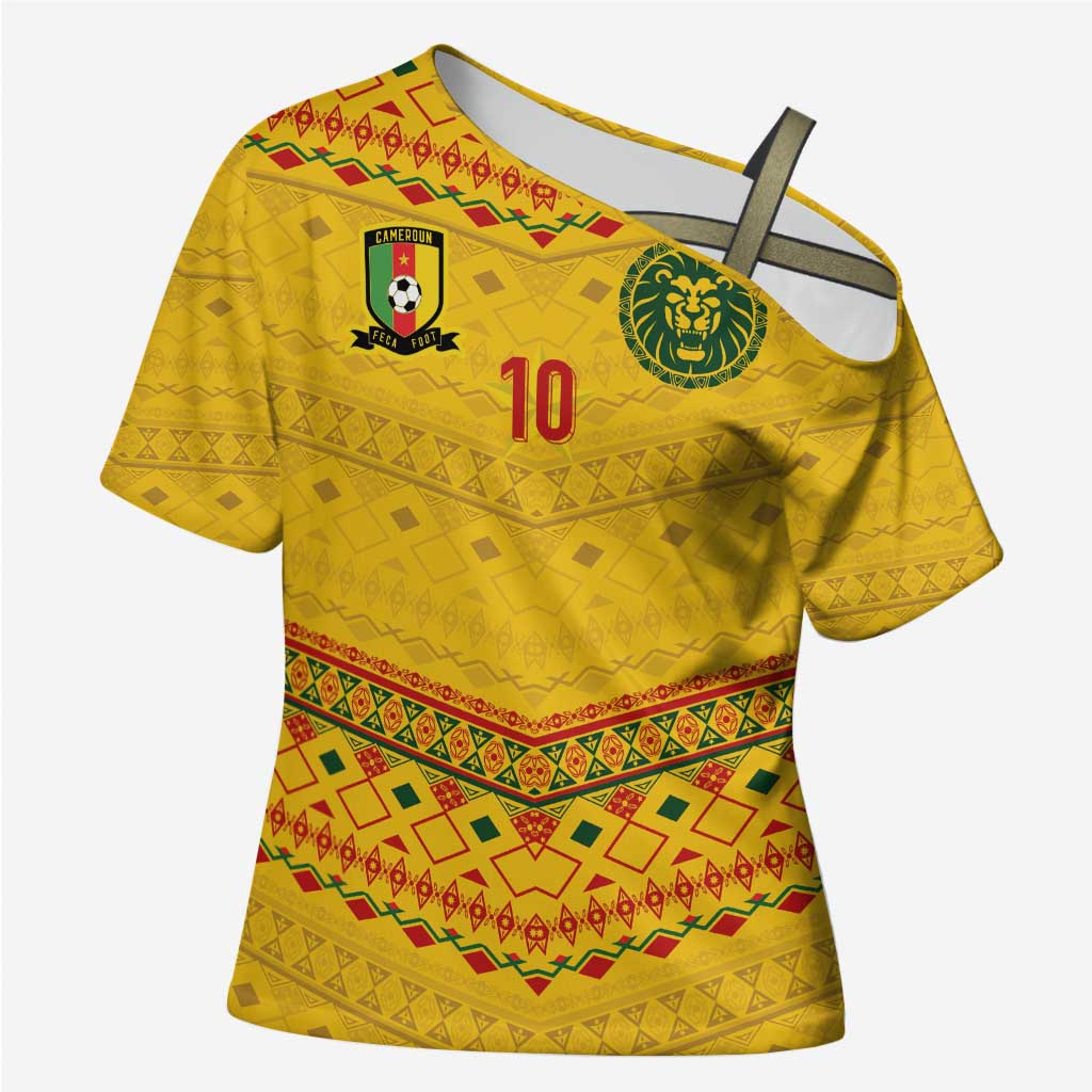 Custom Cameroon Football Cross Shoulder Shirt Tribal Motifs Yellow Color - Wonder Print Shop
