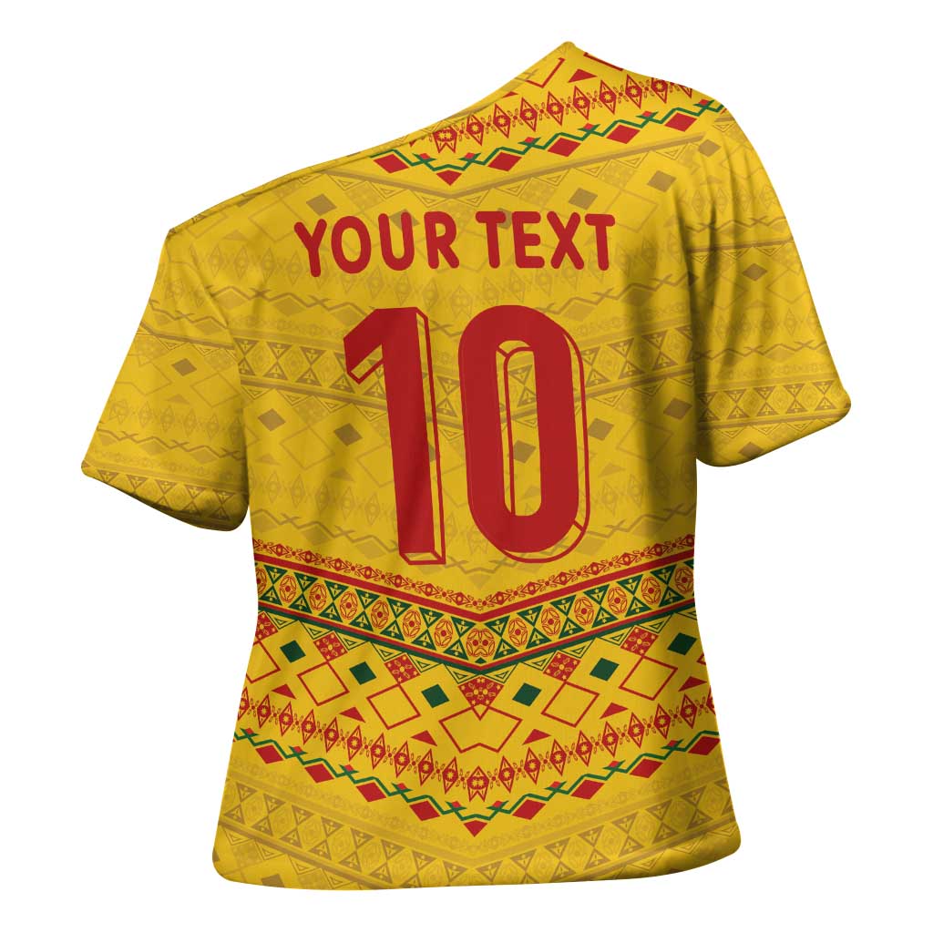 Custom Cameroon Football Cross Shoulder Shirt Tribal Motifs Yellow Color - Wonder Print Shop